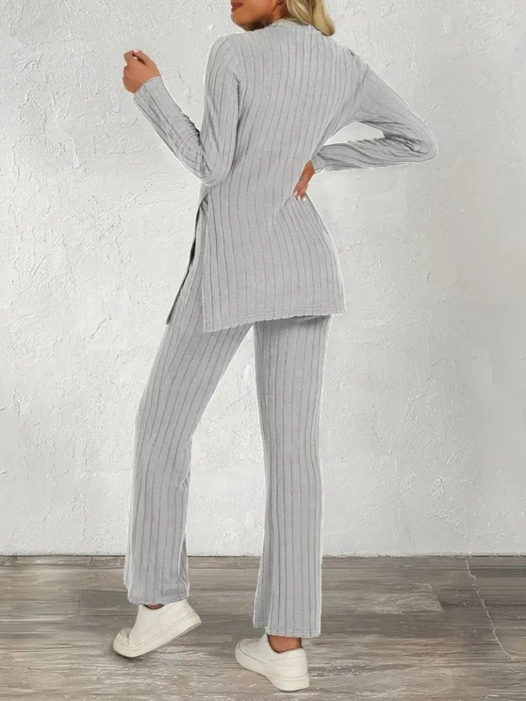 Women's Long-Sleeve Crew Neck Side Slit Brushed Ribbed Blouse and Pants Two-Piece Set