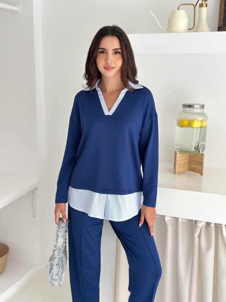 Polo Collar Shirt Detailed Loose Balloon Trousers Two-Piece Set