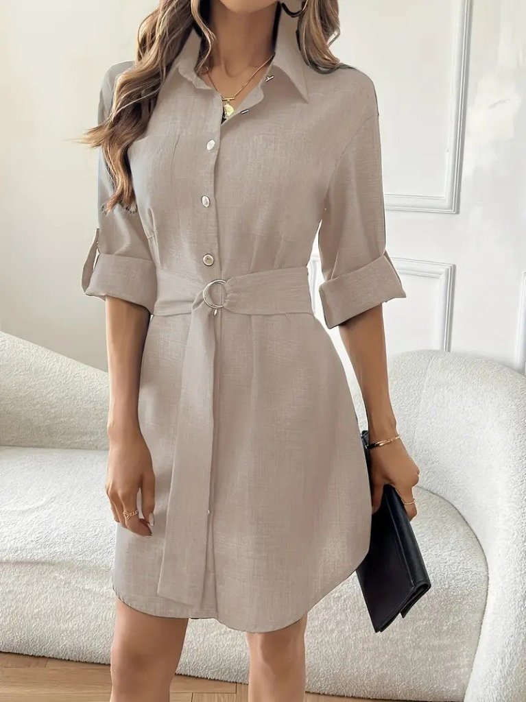 Women's Long Sleeve Collared Button-Front Belted Mini Imported Linen Dress