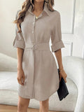 Women's Long Sleeve Collared Button-Front Belted Mini Imported Linen Dress