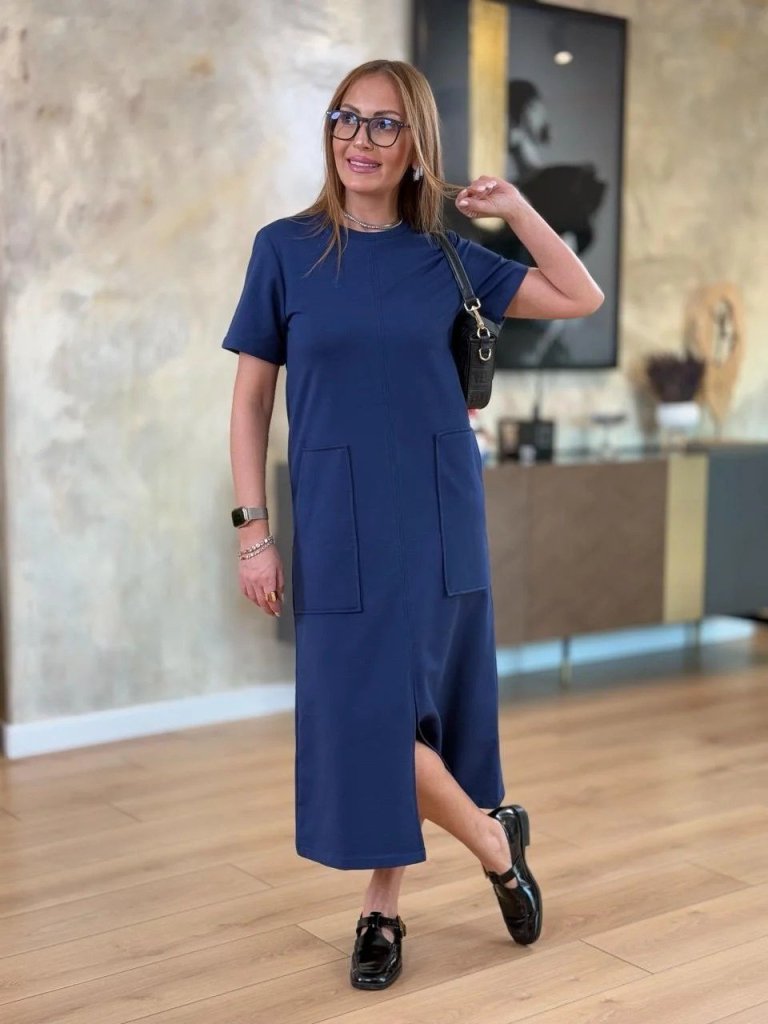 Women's Short-Sleeved Round Neck Pocketed Front Slit Viscose Two-Thread Midi Dress