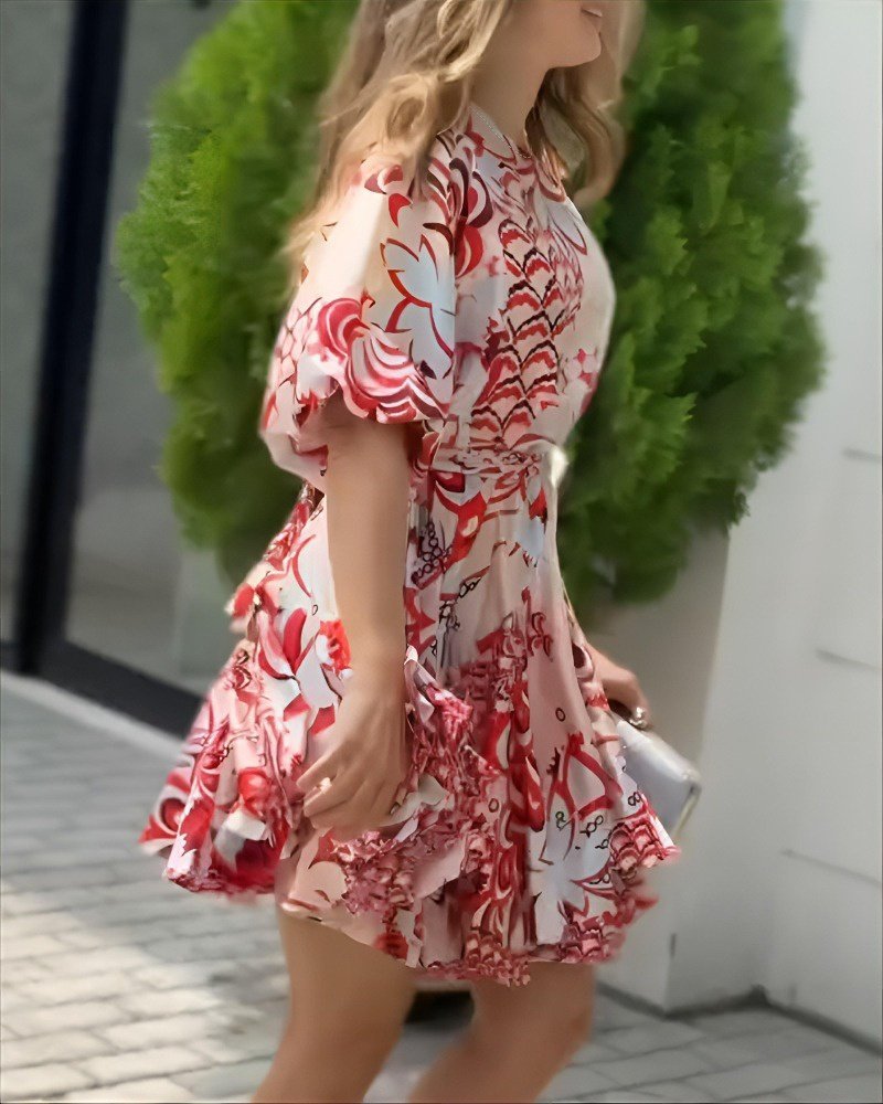 Women's Short Puff Sleeve Round Neck Pleated Patterned Mini Dress