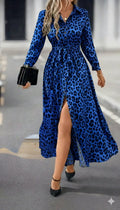 Women's Long Sleeve Collared Belted Leopard Print Modal Maxi Dress