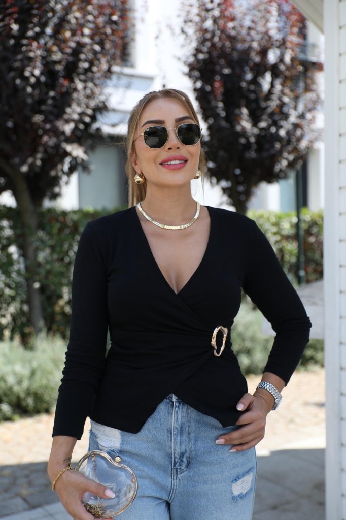 Women's Long-Sleeved Wrap-Neck Viscose Blouse with Buckle Detail