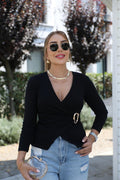 Women's Long-Sleeved Wrap-Neck Viscose Blouse with Buckle Detail