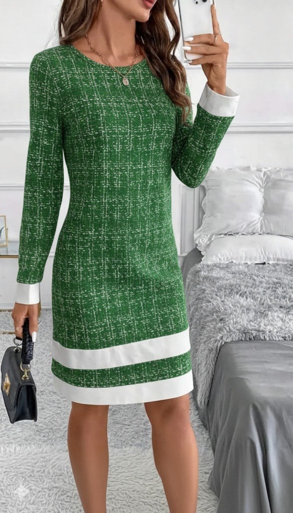 Women's Long Sleeve Round Neck Mini Woven Dress with Hem Stripe Detail