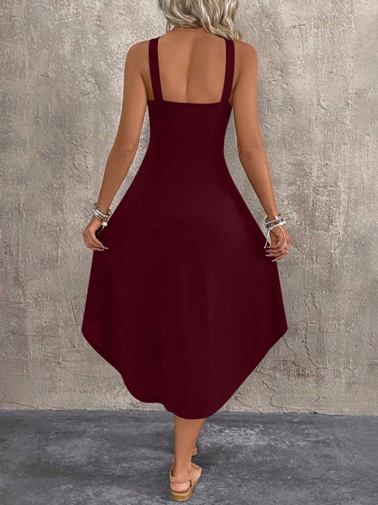 Women's Cross-Neck Ring Detail Asymmetrical Viscose Dress