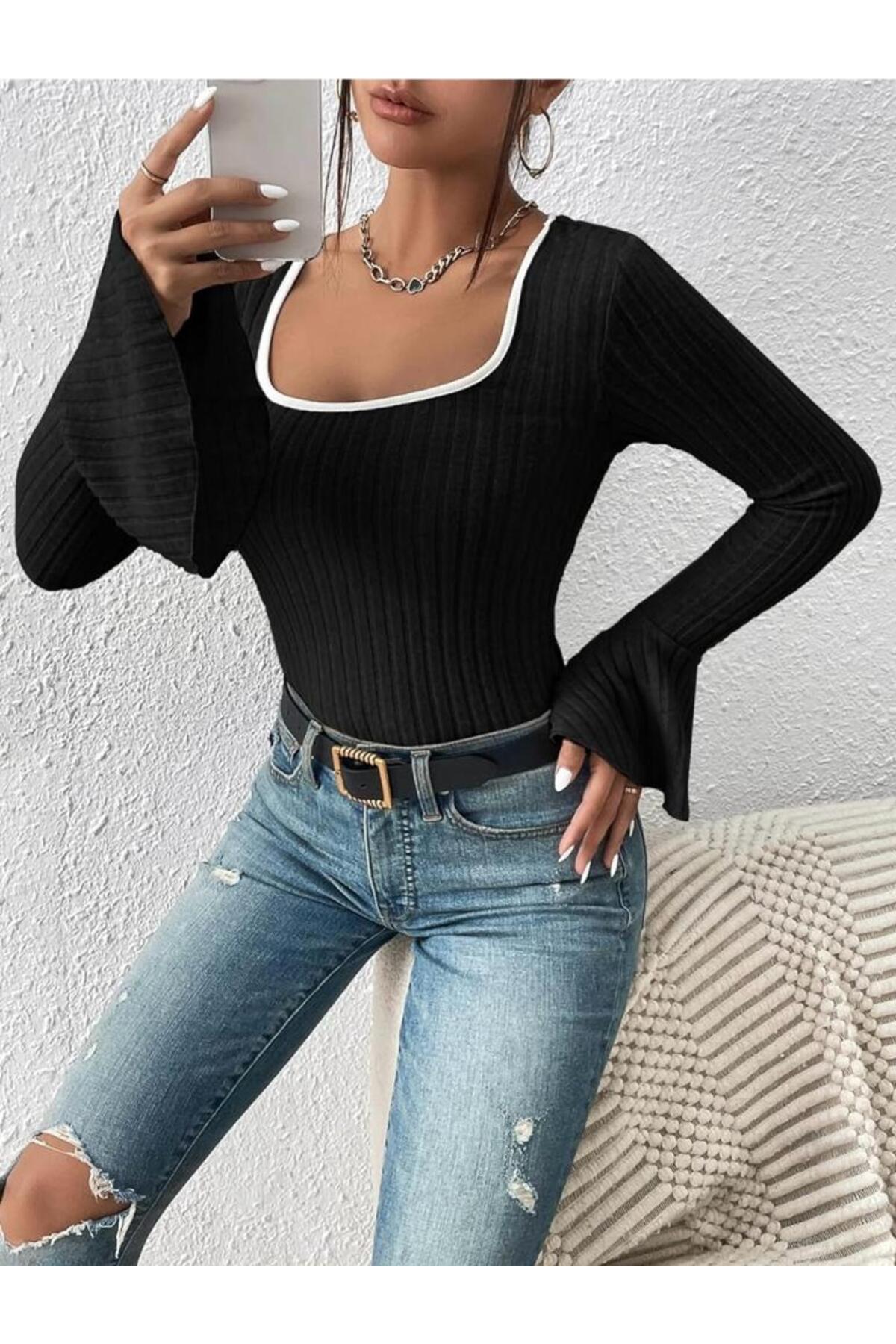 Kadın Kare Yaka Ispanyol Kol Kaşkorse Kumaş Bluz