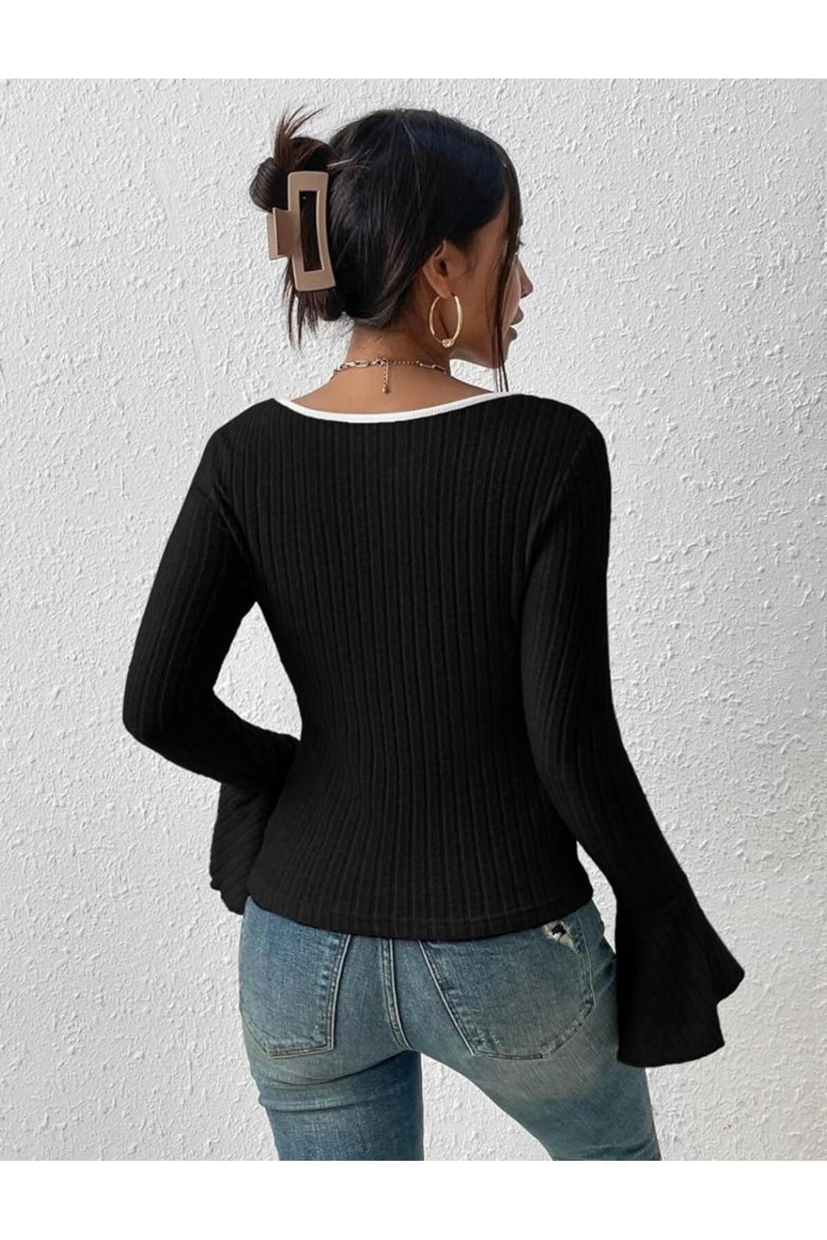 Kadın Kare Yaka Ispanyol Kol Kaşkorse Kumaş Bluz