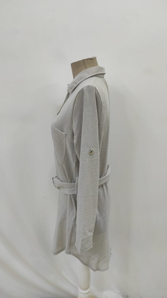 Women's Long Sleeve Collared Button-Front Belted Mini Imported Linen Dress