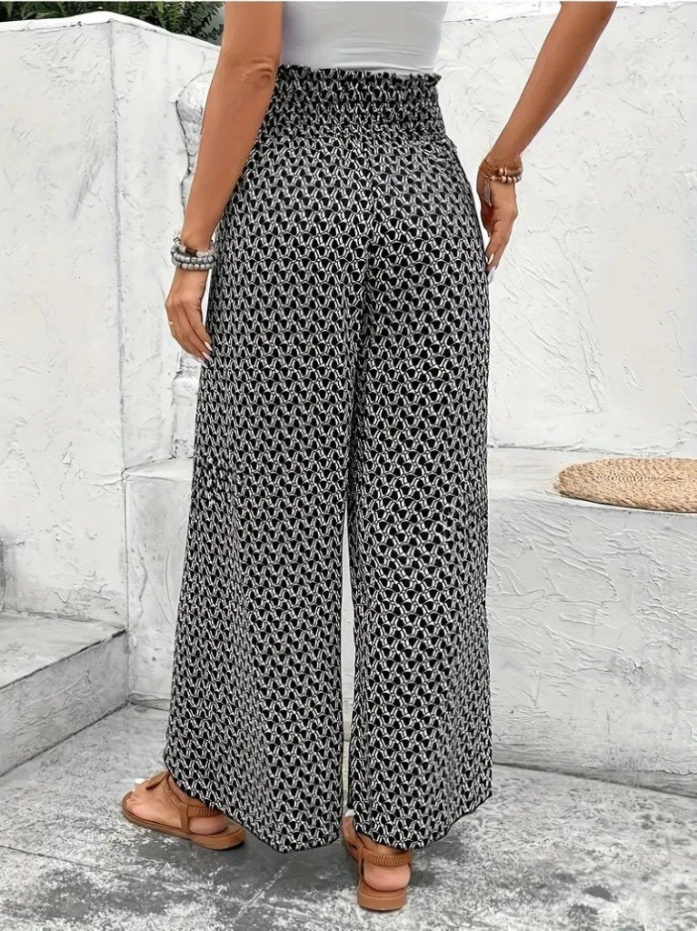 Women's High Waisted Elasticated Two-Piece Front Patterned Crepe Trousers