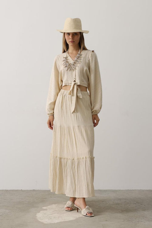 Balloon Sleeve Skirted Knit Set - Stone