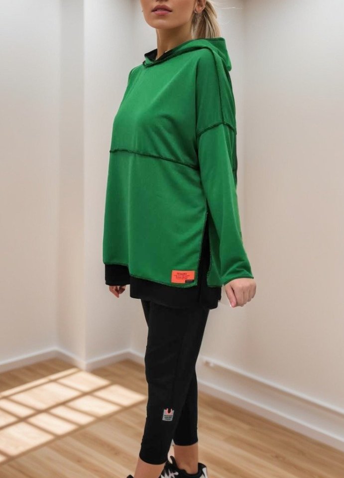 Women's Green Hooded Skirt Hem Detail Patch Two-Piece Set with Reverse Stitching Look