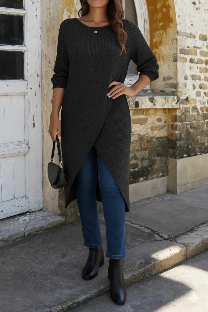 Women's Long Sleeve Crew Neck Cross-Front Detail Midi Knit Dress