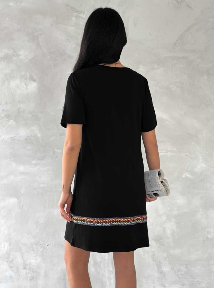 Kadın Kısa Kollu V Yakalı Etnik Desen şerit Detaylı Viskon Elbise