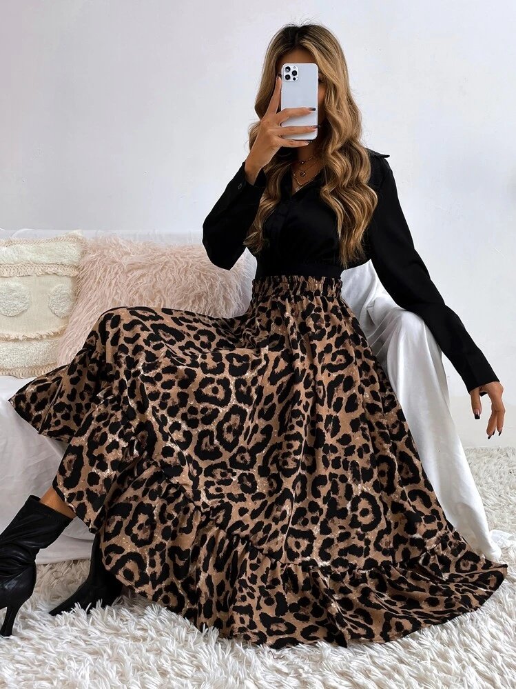 Kadın Uzun Kollu Kruvaze Yakalı Ithal Krep Bluz Ve Leopar Desenli Süprem Uzun Elbise