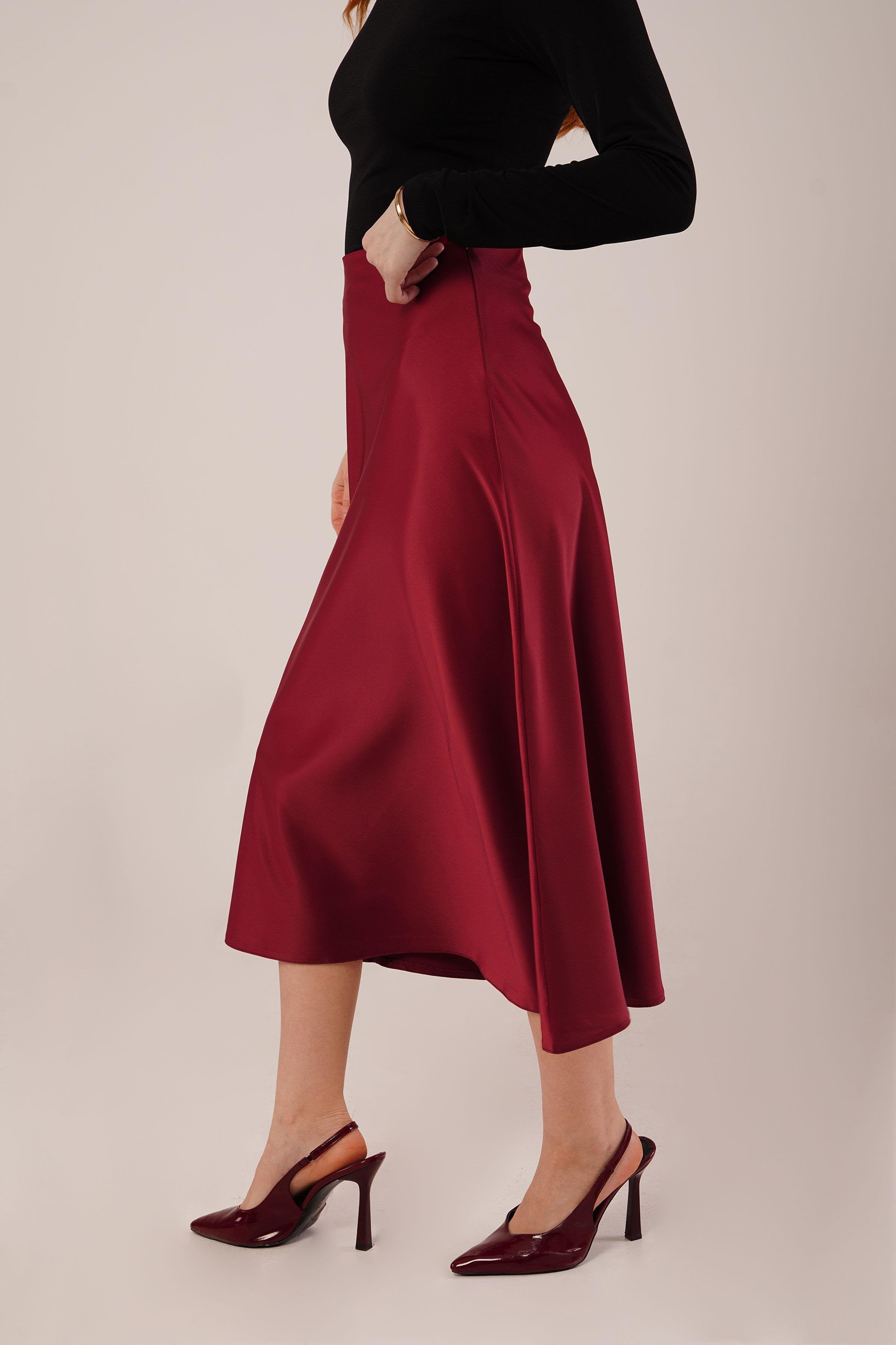 Bell-Cut Midi Burgundy Satin Skirt