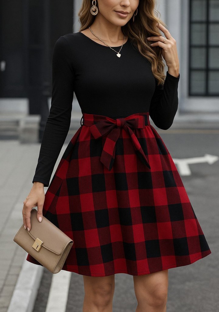 Women's Long Sleeve Crew Neck Top Viscose Bottom Plaid Short Dress