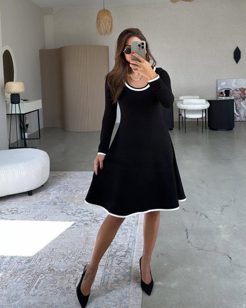 Women's Long Sleeve Crew Neck Midi Viscose Two-Thread Dress