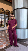 Women's Short Sleeve Crew Neck Buttoned Shoulder Viscose Double Thread Short Blouse and Pants Two-Piece Set