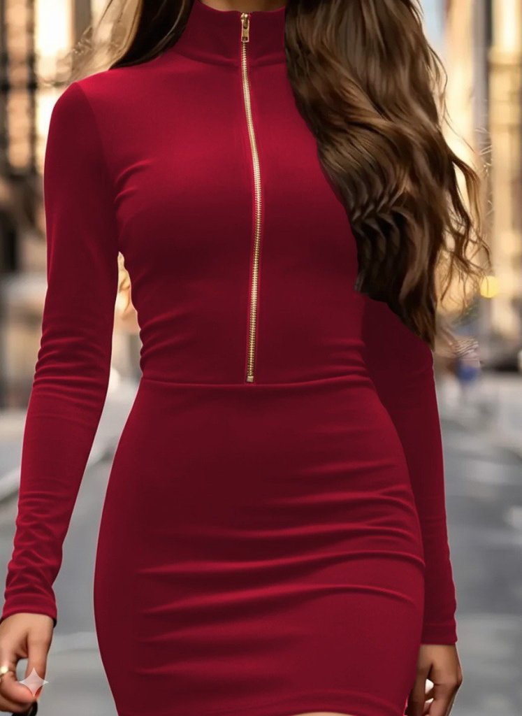Women's Long-Sleeved Turtleneck Mini Velvet Dress with Zip Detail from Neck to Chest