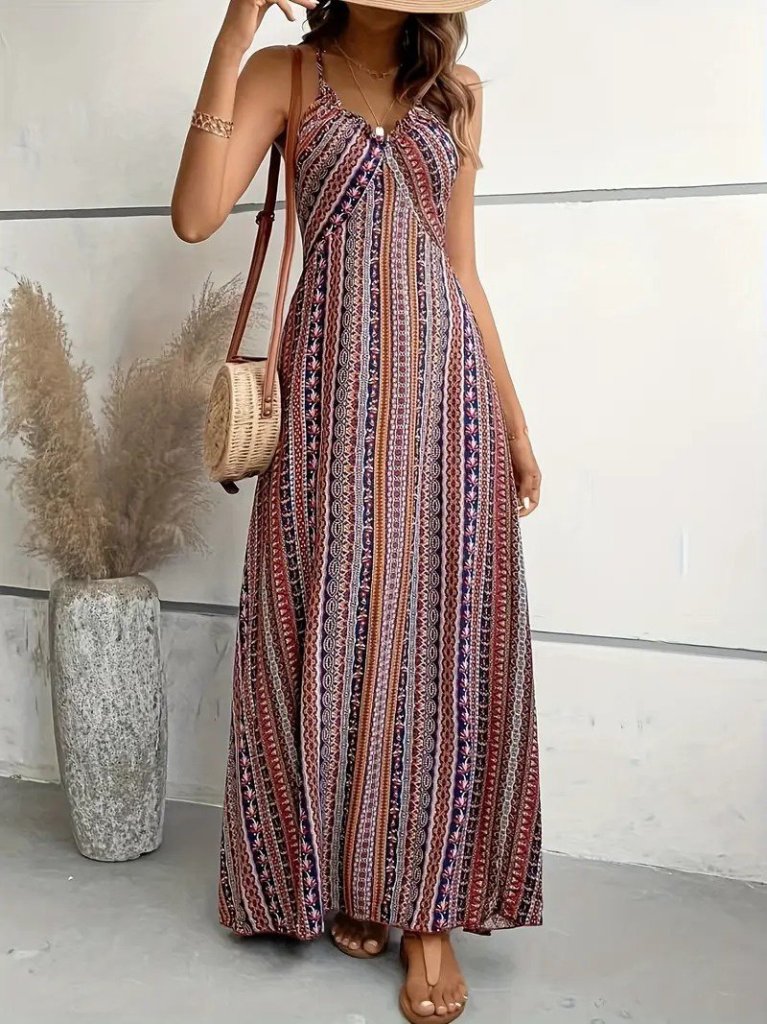 Women's Strappy Cross-back Slit Patterned Supra Dress