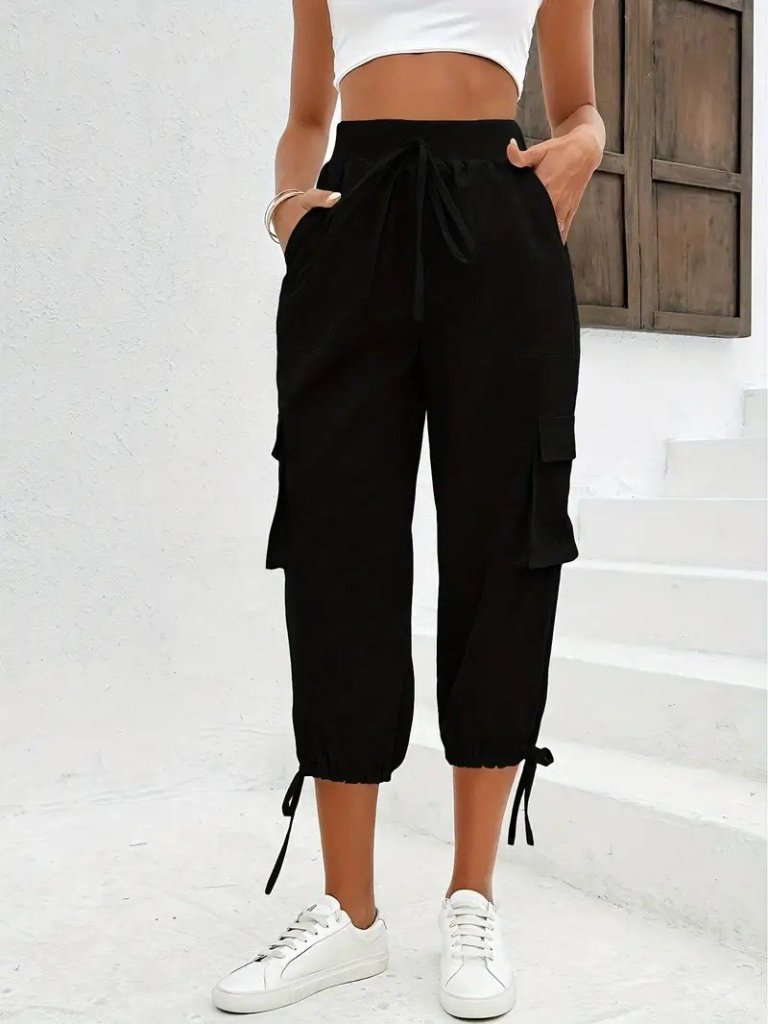 Women's High Waist Elasticated Waist Drawstring Pocketed Cargo Viscose Two-Thread Trousers