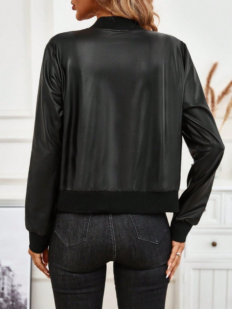 Women's Long Sleeve Front Zip Leather Cropped Jacket
