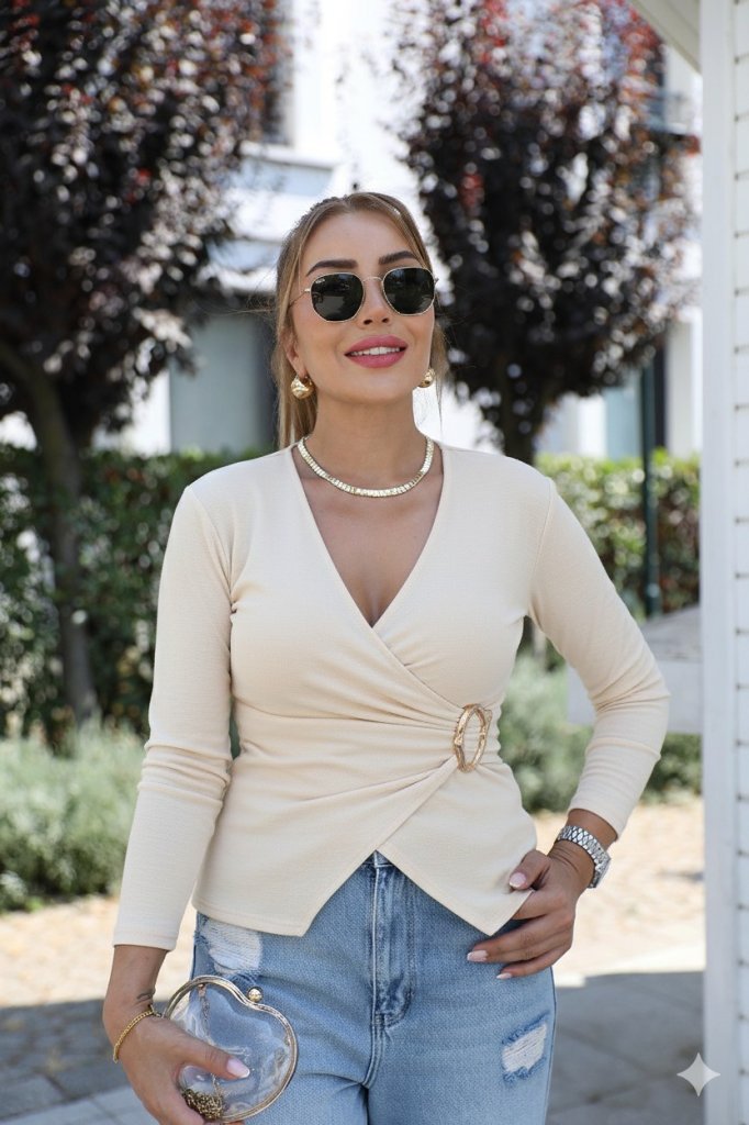 Women's Long-Sleeved Wrap-Neck Viscose Blouse with Buckle Detail