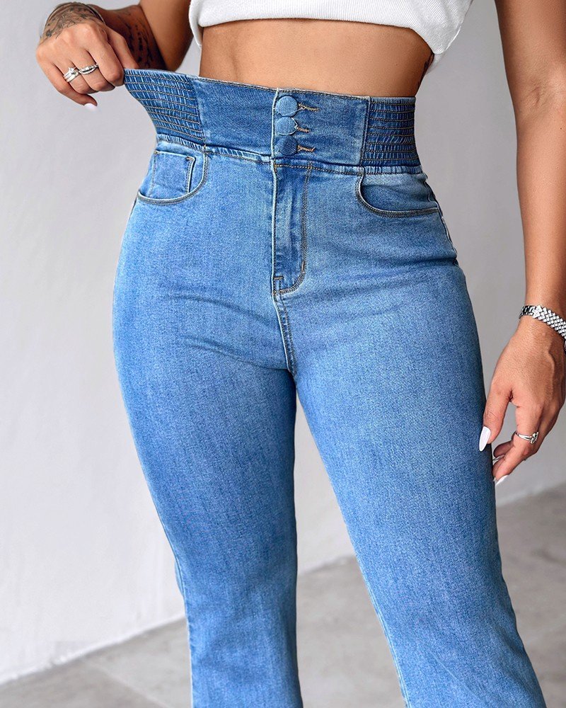 Women's High Waist Elasticated Sides Button Front Jeans