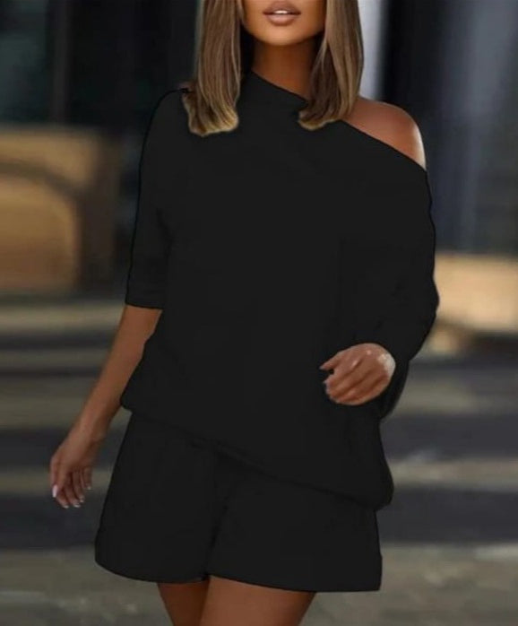 Women's Boat Neck Loose Two-Thread Blouse and Shorts Two-Piece Set