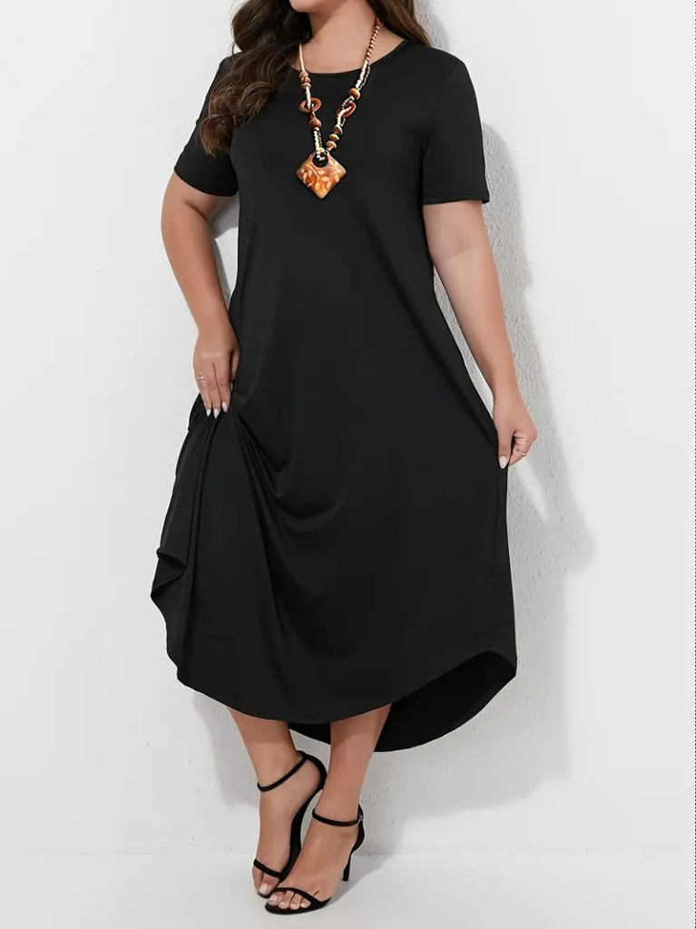 Kadın Kısa Kollu Bisiklet Yaka Cepli Salaş Viskon Elbise