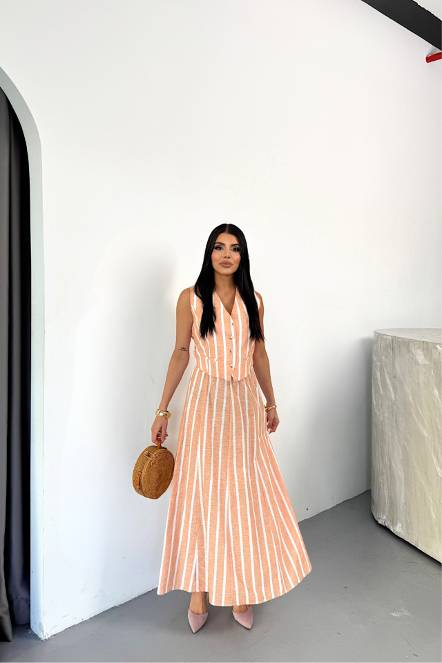 LINEN STRIPED VEST - LONG SKIRT SET - Orange