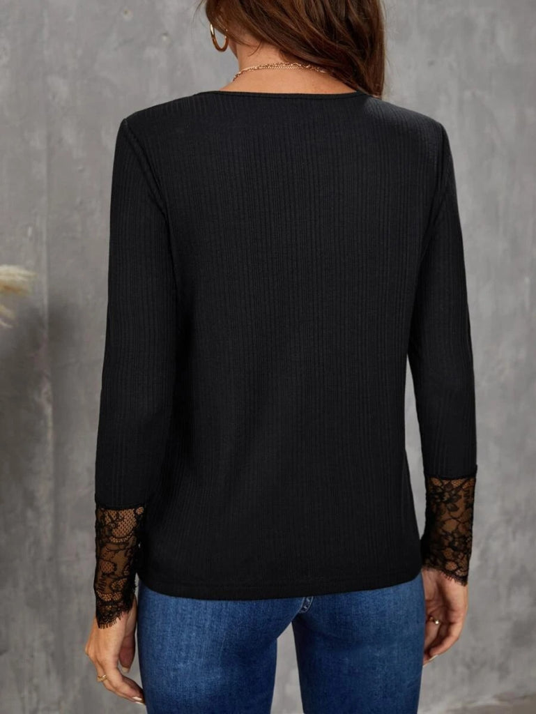 Women's Long Sleeve Crew Neck Lace Detail Twist Blouse