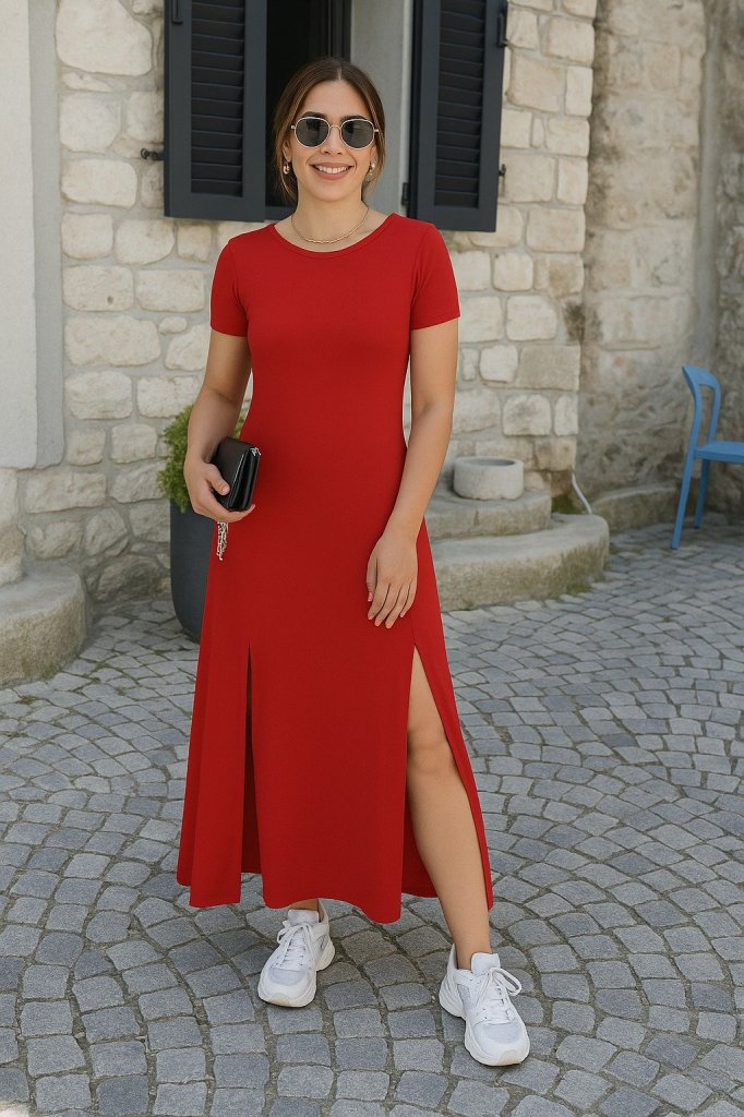 Women's Short Sleeve V-Neck Back Slit Detail Viscose Dress