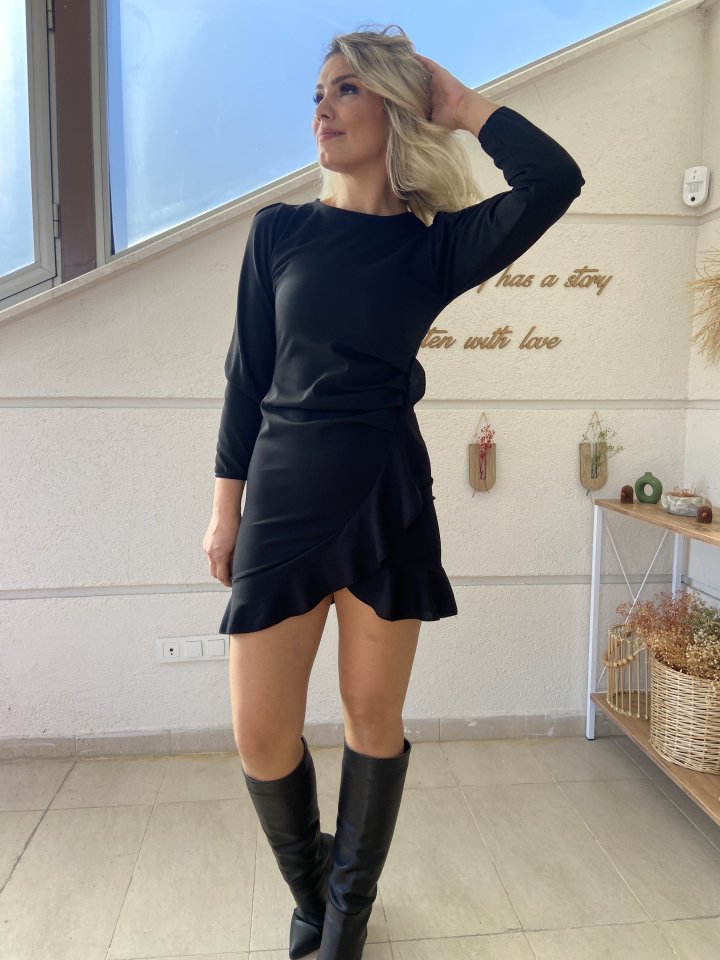 Women's Long-Sleeved Crew Neck Ruffled Front Imported Crepe Dress