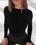 Women's Long Sleeve Crew Neck Shoulder-to-Long Striped Back-Tied Waistband Detail Viscose Blouse