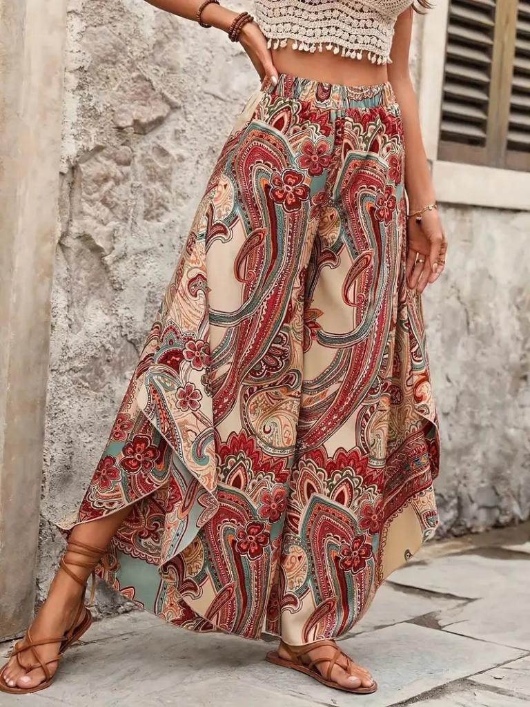 Women's High Waisted Elasticated Patterned Wide Leg Suprema Trousers