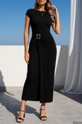 Women's Sandy Fabric Midi Dress with Metal Buckle Detail