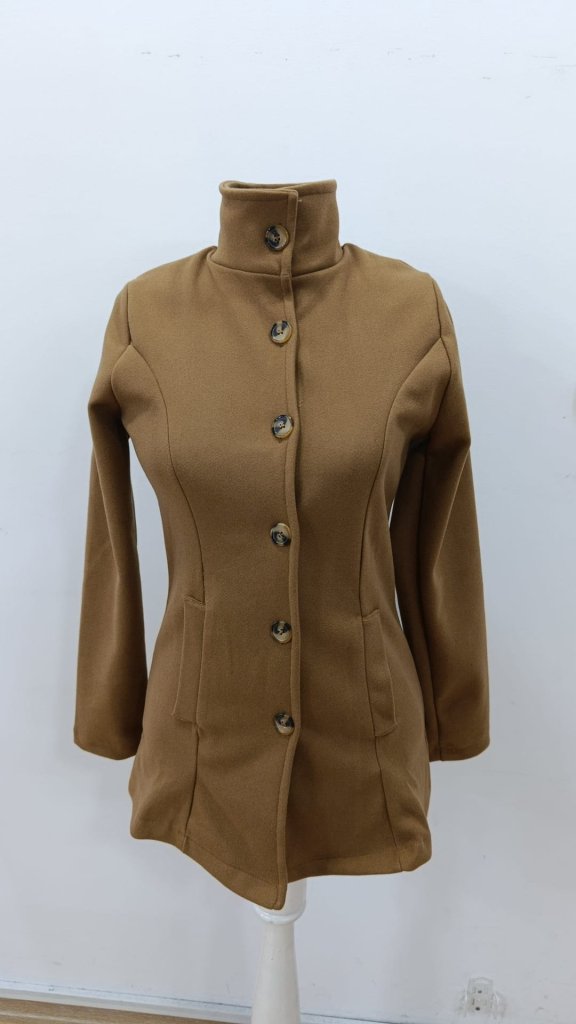 Women's Long-Sleeved Collared Button-Front Unlined Imported Wool-Blend Coffee Coat
