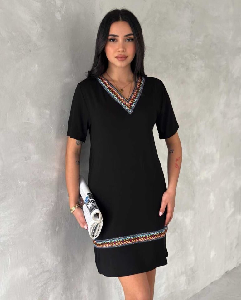 Kadın Kısa Kollu V Yakalı Etnik Desen şerit Detaylı Viskon Elbise