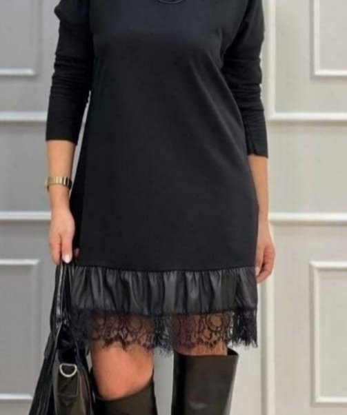 Women's Long Sleeve Crew Neck Viscose Two-Ply Midi Dress with Faux Leather Lace Hem