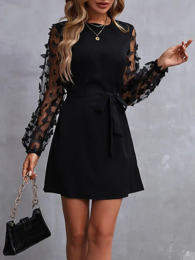 Women's Long Sleeve Crew Neck Tulle Butterfly Detail Imported Crepe Dress