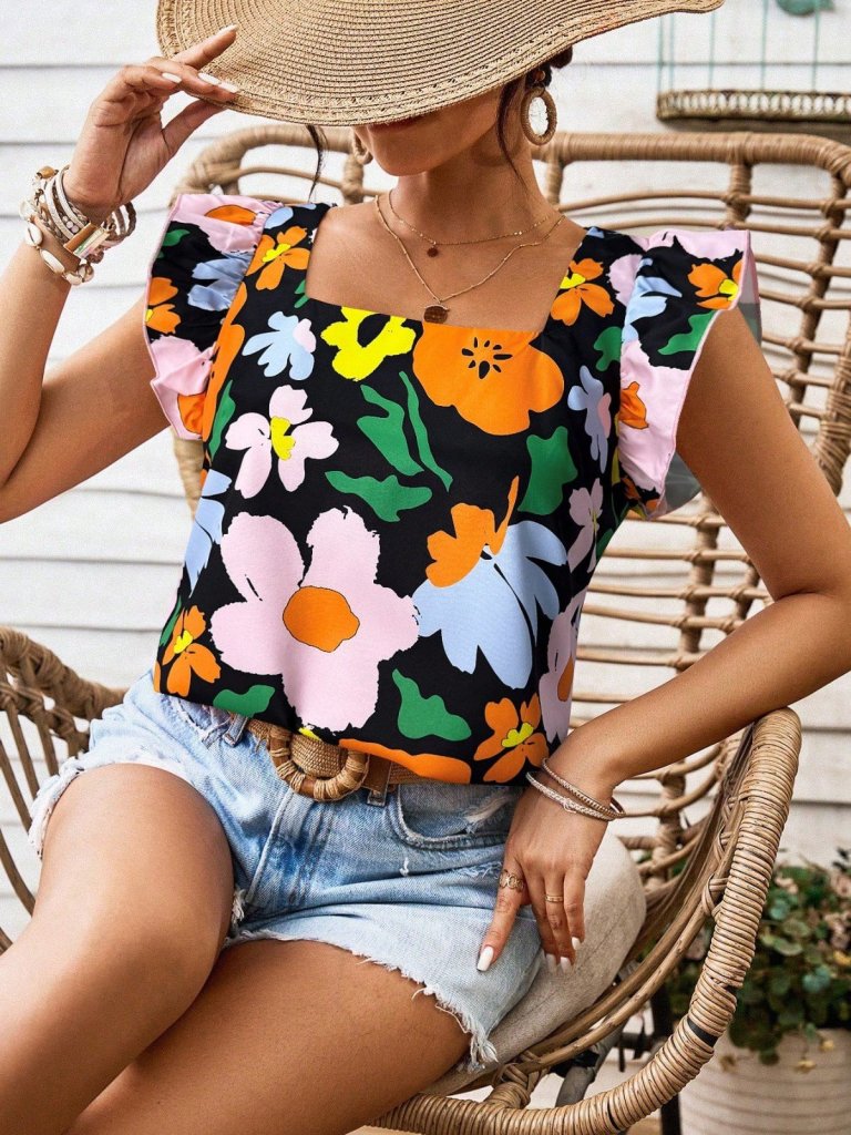 Women's Short Ruffle Sleeve Square Neck Floral Print Imported Linen Blouse