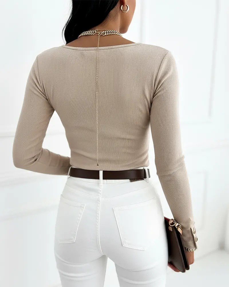 Women's Long Sleeve Open Neckline and Button Detail Ribbed Blouse