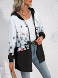 Women's Long Sleeve Hooded Zippered Floral-Butterfly Patterned Brushed Scuba Jacket