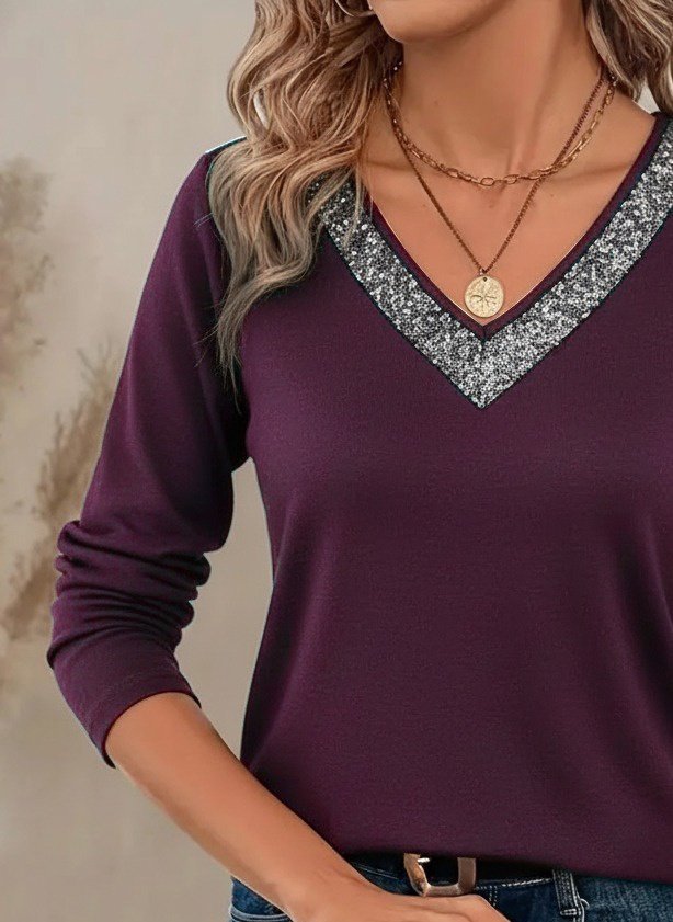 Women's Long Sleeve V-Neck Sequin Viscose Plum Blouse