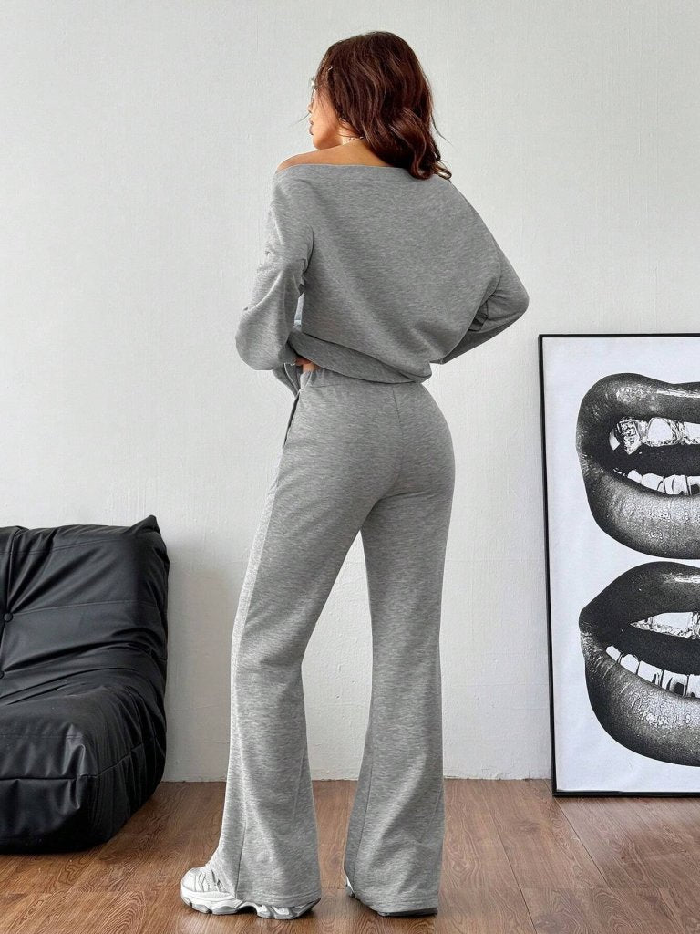 Women's Long Sleeve One Shoulder Cut-Out Two-Yarn Blouse and Pants Two Piece Set