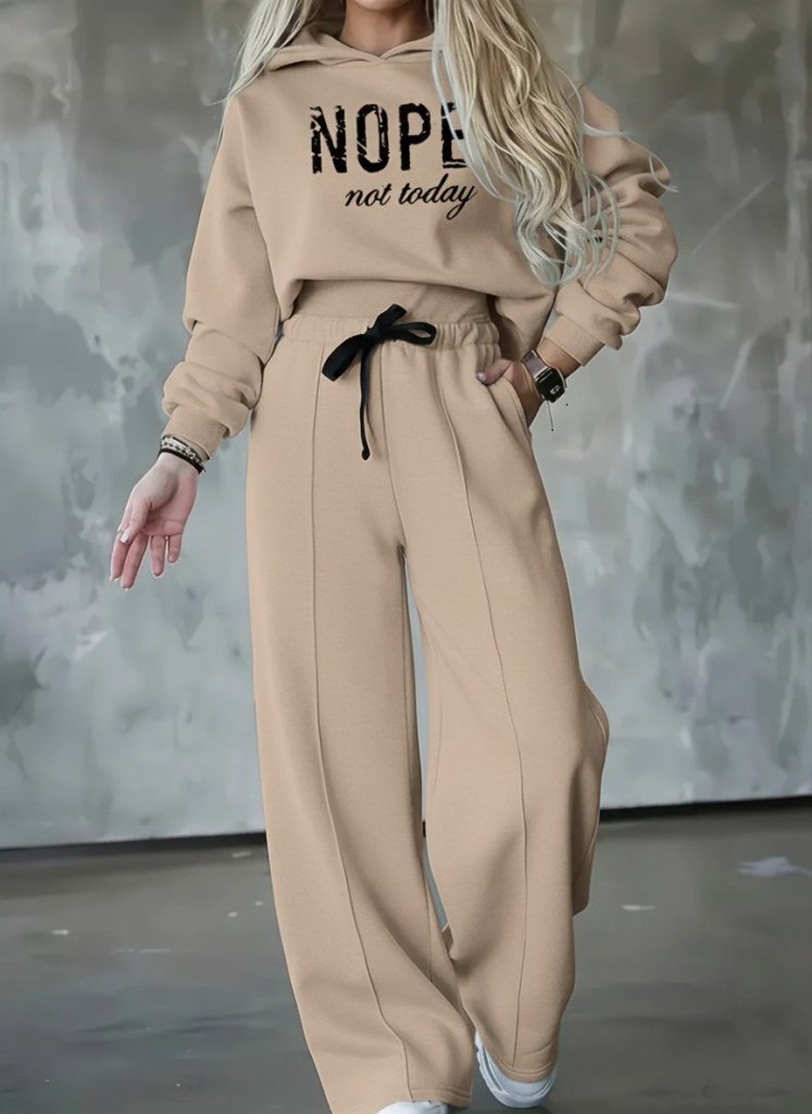 Women's Long Sleeve Nope Print Ribbed Waist Two-Piece Set