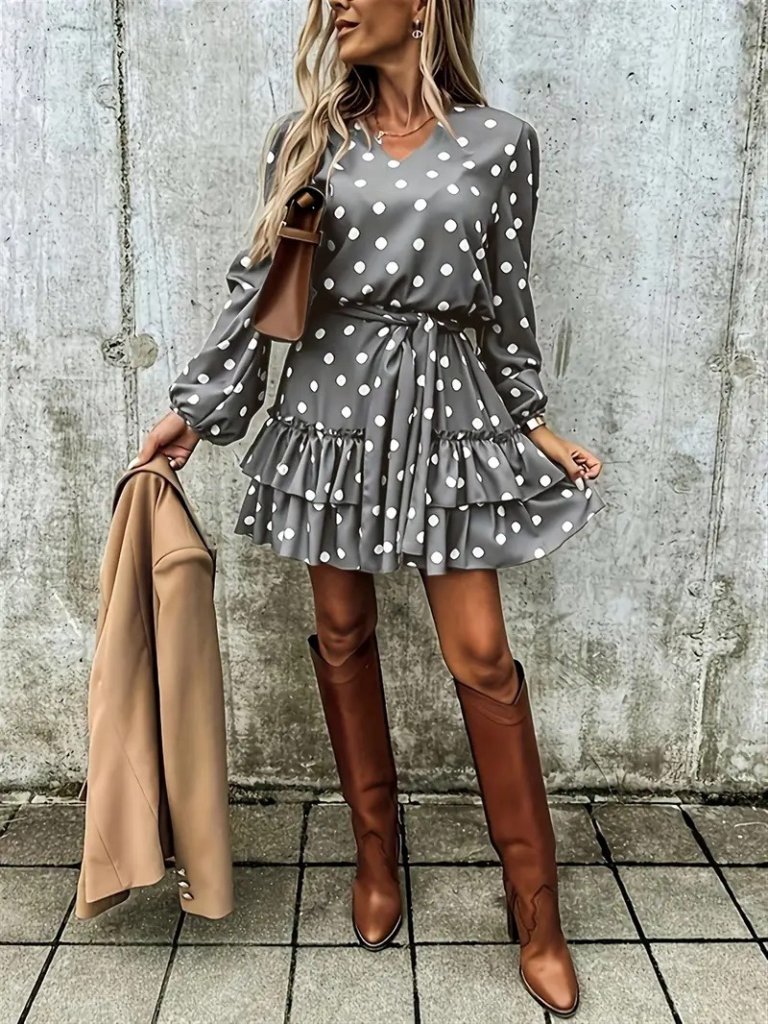 Women's Long Sleeve V-Neck Belted Polka Dot Mini Modal Dress